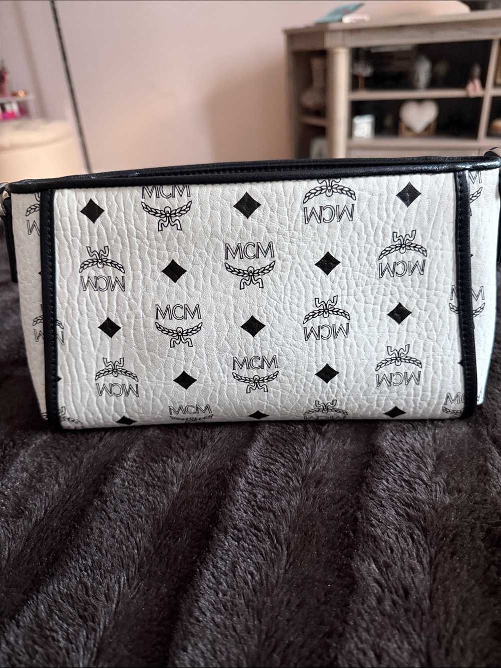 MCM White Leather Monogram Pouch with Black Trim